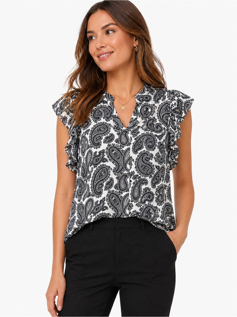 Banana‎ Republic Paisley Blouse Small Black White Ruffle Sleeve Career Chic Top